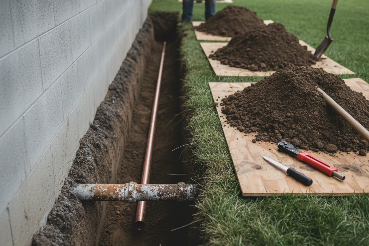 Excavated water line trench during Water Heater Repair in Port Royal